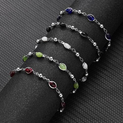 New Style Retro Romantic Oval Natrual Stone Bangle Metal Silver Plated Chain Bracelet For Woman Man Holiday Birthday Gift