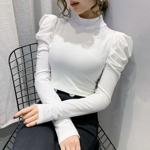 Bubble Sleeve Autumn Tshirts New Slim Fit Half High Neck T-shirt Long Sleeve Shirts Bottomed T Shirt Femme Top Women Tshirt Tops