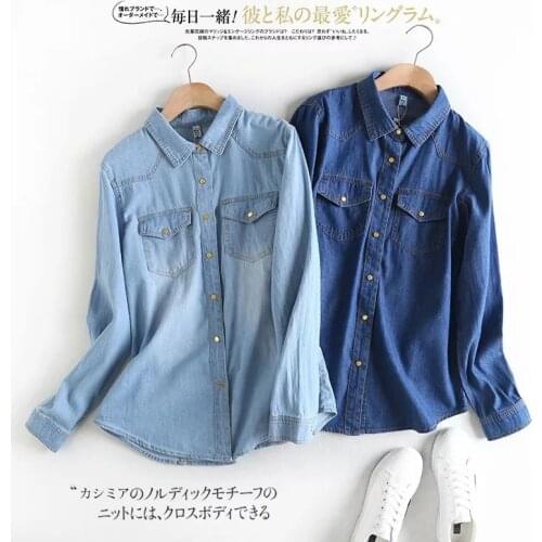 Jeans Shirt women 2020 Long Sleeve Slim Casual Vintage Blue Ladies Cotton Denim Shirts Tops Feminina Woman Blouses and Tops