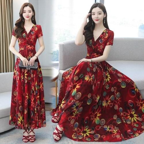 Chiffon floral dress female summer 2021 new Korean version large size temperament big pendulum slim waist slim waist
