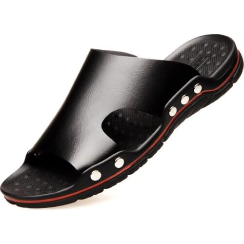 Mens Slides Slippers Outdoor Men Leather Shoes Man Leather Beach Slippers for Men Casual Beach Breathable Slippers Plaj Terlik