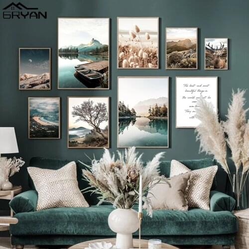 Nordic Landscape Wall Art Autumn Natural Deer Plant Canvas Prints Painting Boat Mountain Lake Forest Posters Decoration Picture