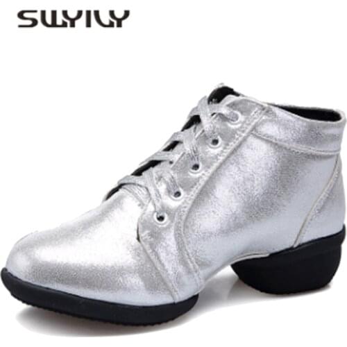 SWYIVY Womens Silver Stage Shoes 4cm Square Heel 2019 Spring Female Gold Modern Dance Shoes Comfortable Big Size Sport Shoes