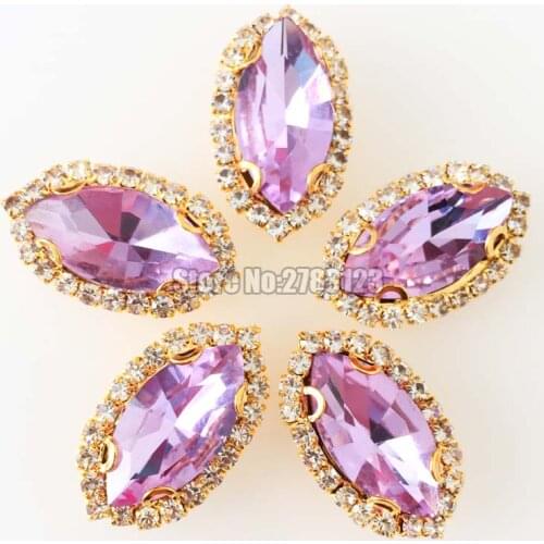 Factory sales Crystal violet Horse eye shape falt back Crystal button,sew on Gold bottom AAA+ Glass Crystal rhinestones
