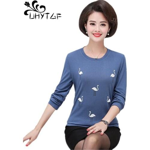 UHYTGF Spring t shirt women long sleeve round neck Pullover elegant top harajuku fashion middle-aged lady plus size t-shirt 1387