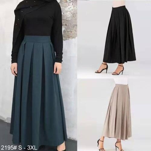 High Waist Pleated Skirt Women Muslim Fashion Ankle-length Solid Color Skirts Ladies Elegant Arab Islamic Cothing 2020 Plus Size