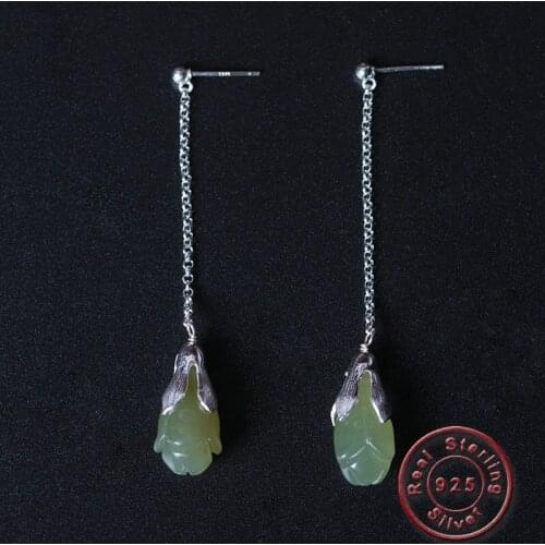 Amxiu Handmade 925 Sterling Silver Bud Flower Earrings Vintage Antique Silver Jewelry Long Tassel Dangle Earrings For Women Gift