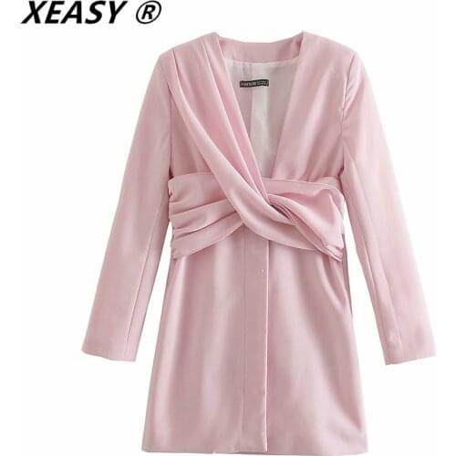 XEASY Za 2021 Women Mini Blazer Dress Elegant Knot Type Long Sleeve Solid Color Short Dresses Ladies Office Wear Dresses