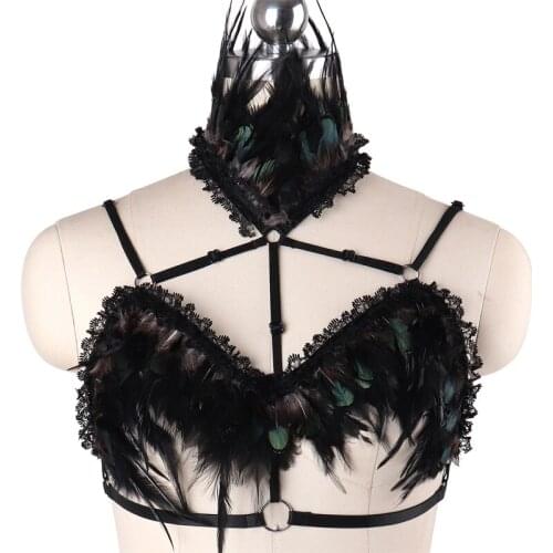 Rave Body Harness Collar Feathers Bra Harness Black Cage Bondage Harness Punk Lingerie Harajuku Goth Wear Cage Bra