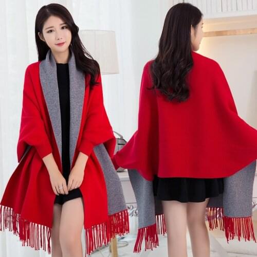 Winter Reversible Ponchos Women Capes 2020 Luxury Pashmina Thick Warm Shawl and Wraps Ladies Solid Red Stole Scarf With Sleeves