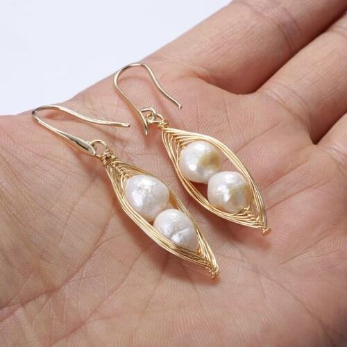 Gold copper wire wrapped pea peanut shape white double natural freshwater pearl charm dangle earring for woman daily jewelry