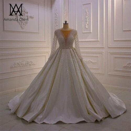Brautkleid Full Sleeve Plearls Satin Low Back Wedding Dress