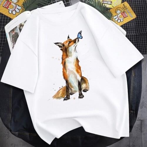 Men Women Short Sleeve T shirt Korean Style Fox Printing Clothes Animal Fashion Graphic Print Short graphic t shirts y2k tops