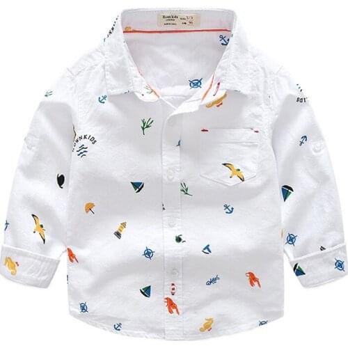 Baby Boys Shirts 100% Pure Cotton Kids Long Sleeve Cartoon Shirt Toddler Boy White Turn-down Collar Children Clothes 2-6Y Tops