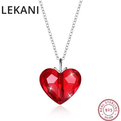 LEKANI Crystals From Swarovski Fine Red Heart Pendant Necklace For Women Real S925 Silver Collares Lovers Valentines Day Gift