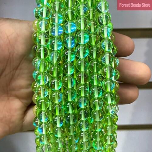 Green Austria Crystal Synthesis Glitter Moon Stone Round Beads DIY Bracelet Necklace for Jewelry Making 15" Strand 6 8 10 12MM