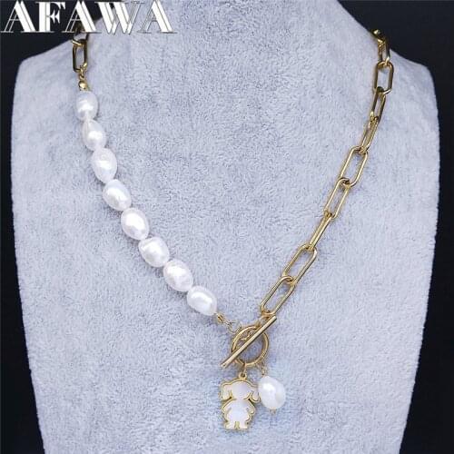 Love Gril Freshwater Pearls Stainless Steel Pendant Necklace for Women Gold Color Jewelry collar acero inoxidable N3046S03