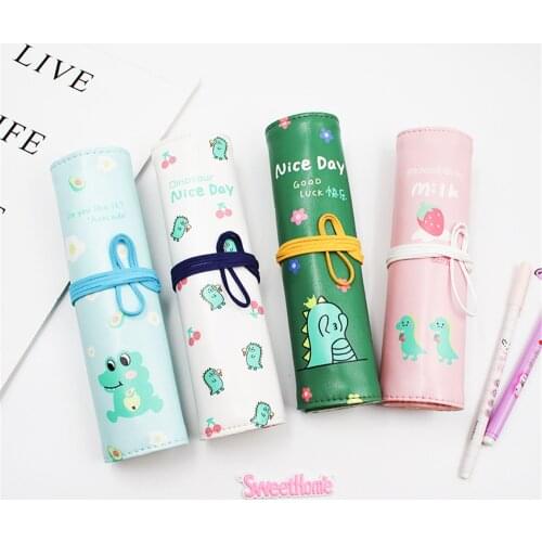 Kawaii Cartoon Dinosaur Roll Up Makeup Brush Bag Pencil Bag Large Capacity Pencil Case Holder Brushes Organizer Cosmestic Bag