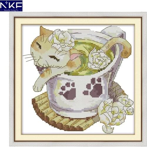 NKF Jasmine Cat Animal Cross Stitch Set Handmade Craft Needlework Cross-Stitch Embroidery Kit Cross Stitch for Home Decor