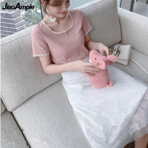 2021 New Korean Sweet Girls Women Clothing Suit Leisure Joker Pink Tops Skirts Set Lady Graceful Knitted T-shirt Lace Dresses