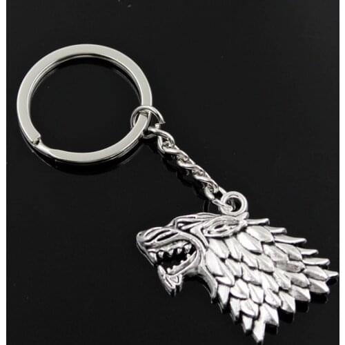 New Fashion Men 30mm Keychain DIY Metal Holder Chain Vintage Ice And Fire Dire Wolf 32x44mm Silver Color Pendant Gift