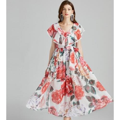Summer Vacation Dress Womens Butterfly Sleeve V-Neck Tiered Layer Rose Floral Print Lace Trims Belt Split Chiffon Vestidos k394