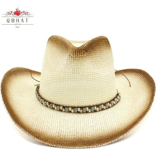 QBHAT Brown Paint Spraying Paper Straw Cowboy Hats Women Men Summer Wide Brim Shading Hat Beach Sunhat Panama Sun Cap