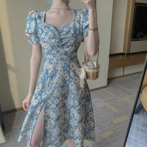 Daisy Floral Print Chiffon Dress Square Collar Puff Short Sleeve Summer Dress Knee-Length Split Korean Party Dress Vintage Beach