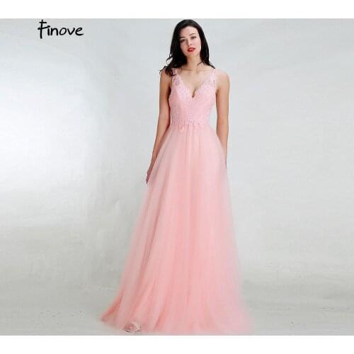 Finove New Design 2020 Prom Dresses Elegant Appliques V-Neck Sleeveless A Line Floor-Length Evening Gowns for Party