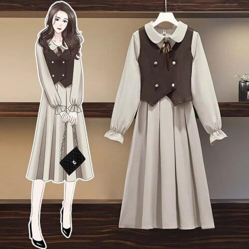 Spring New Womens Suits Pleated Dress + Vest Two-Piece Sets Student Cute Fat