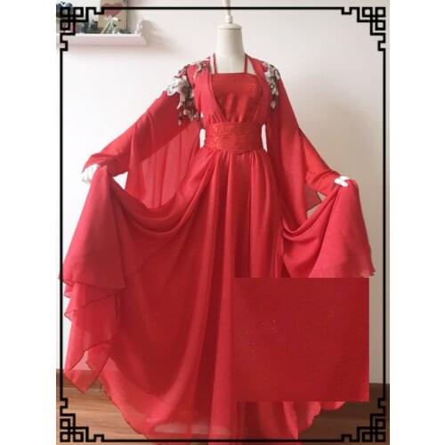 Actress HanXue Red Gorgeous Bride Wedding Embroidery Hanfu 360 Degree Big Hem Goshibo Silver Chiffon Skirt Jacquard Top