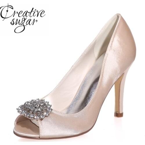 Creativesugar Sparkle crystal brooch open peep toe satin dress shoes evening party prom pumps bridal wedding red ivory silver