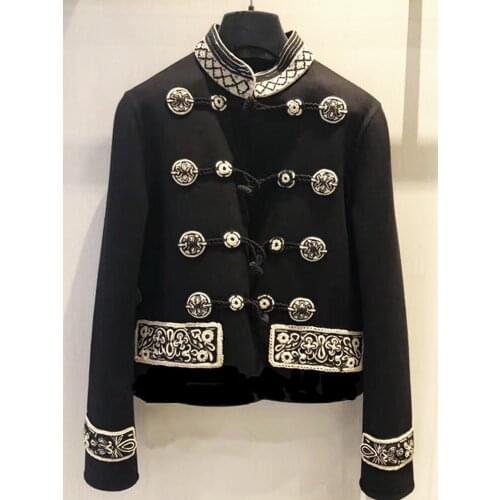Epaulette Navy Style Long Sleeve Stand Collar Women Short Jackets Fashion Horn Button Embroidery Slim Fit Female Outerwear Coats