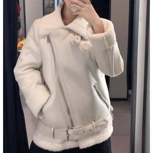 Autumn Winter Slim Sashes PU Faux Leather Jacket Coat Women Solid Zipper Casual Thick Warm Wool Lamb Jackets Outwear
