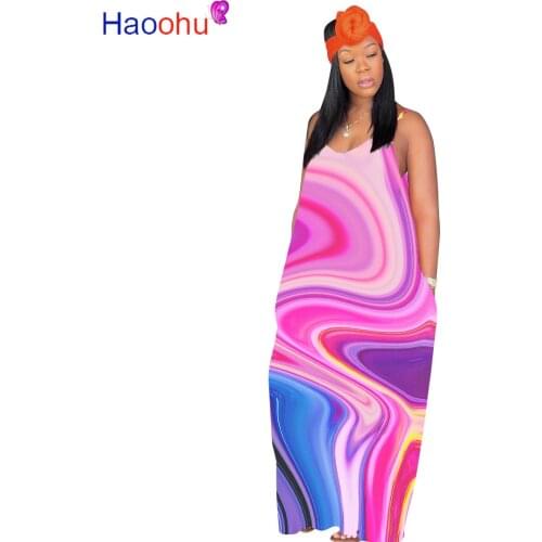 Spaghetti Strap Summer Plus Size Dress Women Colorful Tie Dye Print Backless Bohemian Dress Fashion V Neck Sleeveless Robe Femme