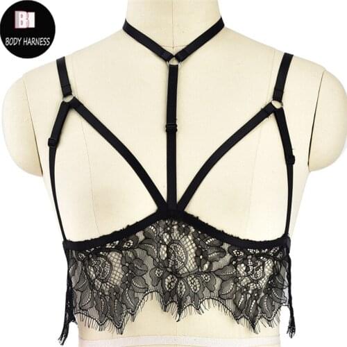 Womens Pink Lace Body Harness Straps Lingerie Harajuku Goth Fetish Open Bra Bondage Pole Dance Halloween Rave Tops Harness Bra