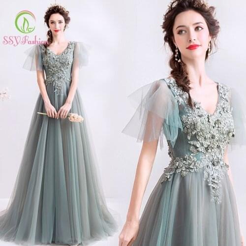 SSYFashion V Neck Flare Sleeves Floor Length Grey Green Long Evening Dresses Formal Party Gown Vestidos De Fiesta De Noche