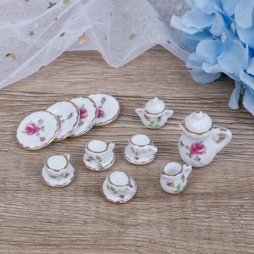 15PCS 1/12 Miniature doll house pink Flower Patten Porcelain Coffee Tea Cups Ceramic Tableware Dollhouse Kitchen Accessories