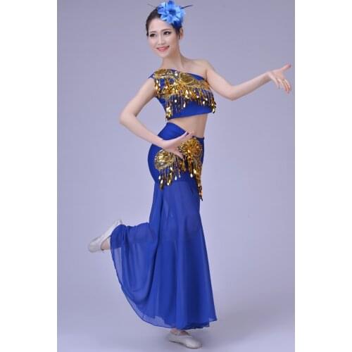3 PCS Women Dancing Dress Chinese Folk Dancing Costume Female Peacock Dance Costumes National Stage Fishtail Dancer Wear 16