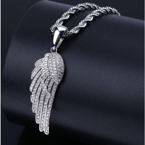 Hot Sale Gold Silver Color Angel Wings Pendant Hip Hop Necklace Iced Out Full Cubic Zirconia Feather Jewelry Unisex