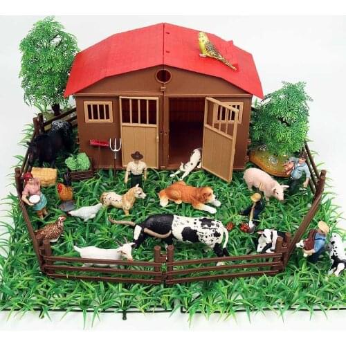 Oenux Farm House Model Action Figure Zoo Staffer Feeder Boy Cow Pig Duck Dog Farm Animals Set Figurines Lifelike Toy Kids Gift