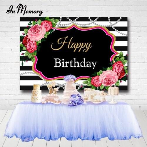 InMemory Pink Flowers Black White Striped Backdrops For Photo Studio Girl Lady Birthday Party Photography Backgrounds Custom