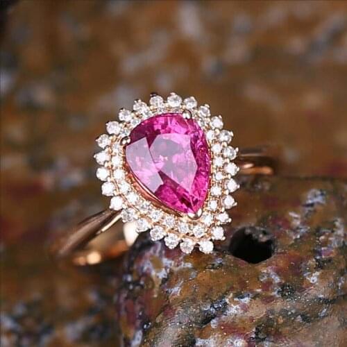 Exquisite Pear Shaped Cut Red Crystal Ring Cocktail Party Rose Gold Wedding Rings Engagement Jewelry Anniversary Gift