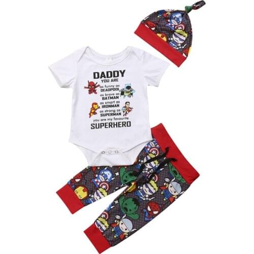 Pudcoco US Stock 3pcs Newborn Baby Boy Clothes Set Superhero Tops Romper +Long Pants Hat Outfits Set Clothes