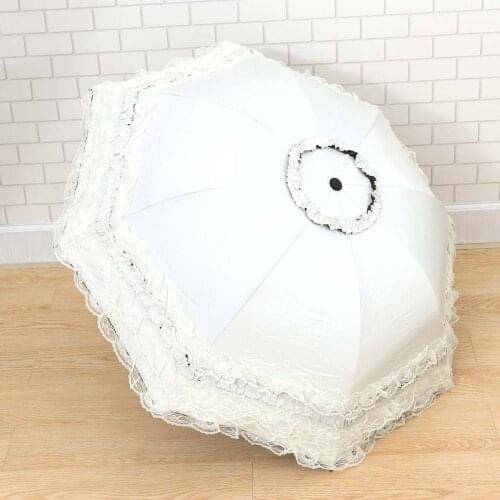 Partysu Lace Ultraviolet-proof Folding Umbrella Outdoor Trvel Umbrella Wedding Shooting Props (Beige)