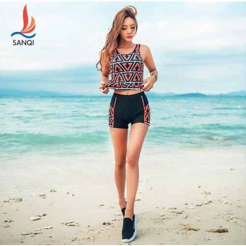 SANQi female swimsuit conservative split flat angle thin cover belly small chest gathered sports spa swimwear swimming suit