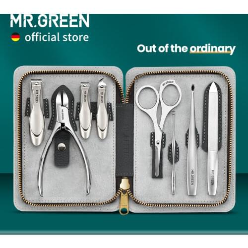 MR.GREEN Manicure Set With Morandi Grey Top-Grade Full Grain Cow Leather Packaging Nail Clipper Kits Perfect Gift Friends Family