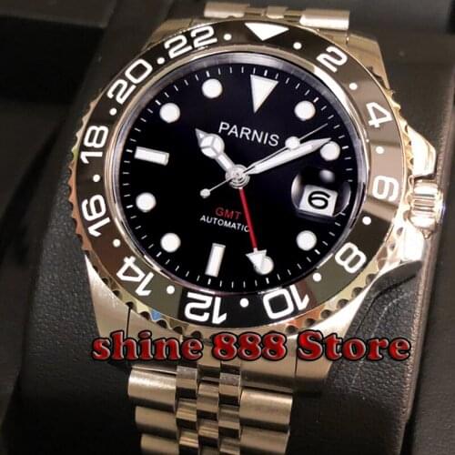 Parnis black dial 40mm Mechanical Watches GMT Ceramic Bezel Watch Automatic Stainless Steel Sapphire Mens Luxury Watch