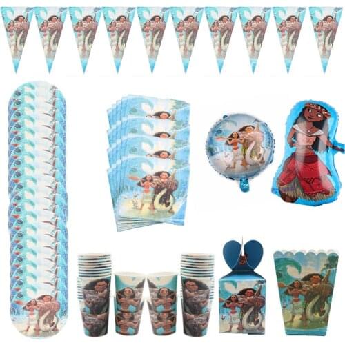 Moana Cartoon Disposable Tableware Plate Napkins Banner Candy Popcorn Box Children Kids Birthday Party Baby Shower Decoration