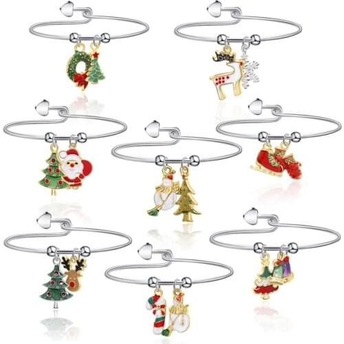 Trendy Chic Love Heart Christmas Open Bangles Santa Claus Snowman Tree Bracelet Metal Colorful Enamel Bangle Women Jewelry Gift